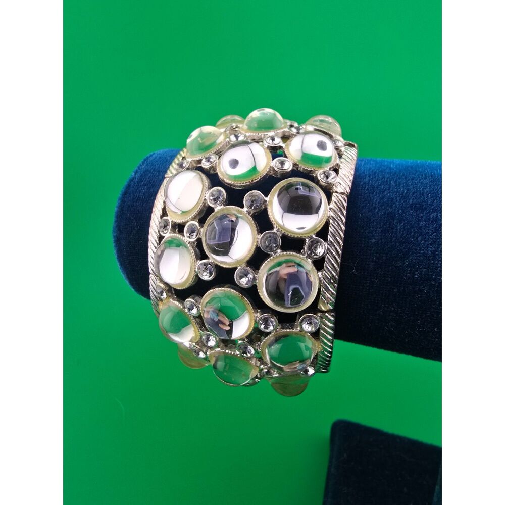Wide Cuff Bracelet Clear Lucite Cabochons Silver Tone Statement Vintage Y2K Glam